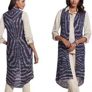 Chico's Vienna Loose Knit Open Front Long Cardigan Duster Vest Zebra Blue L 12‎